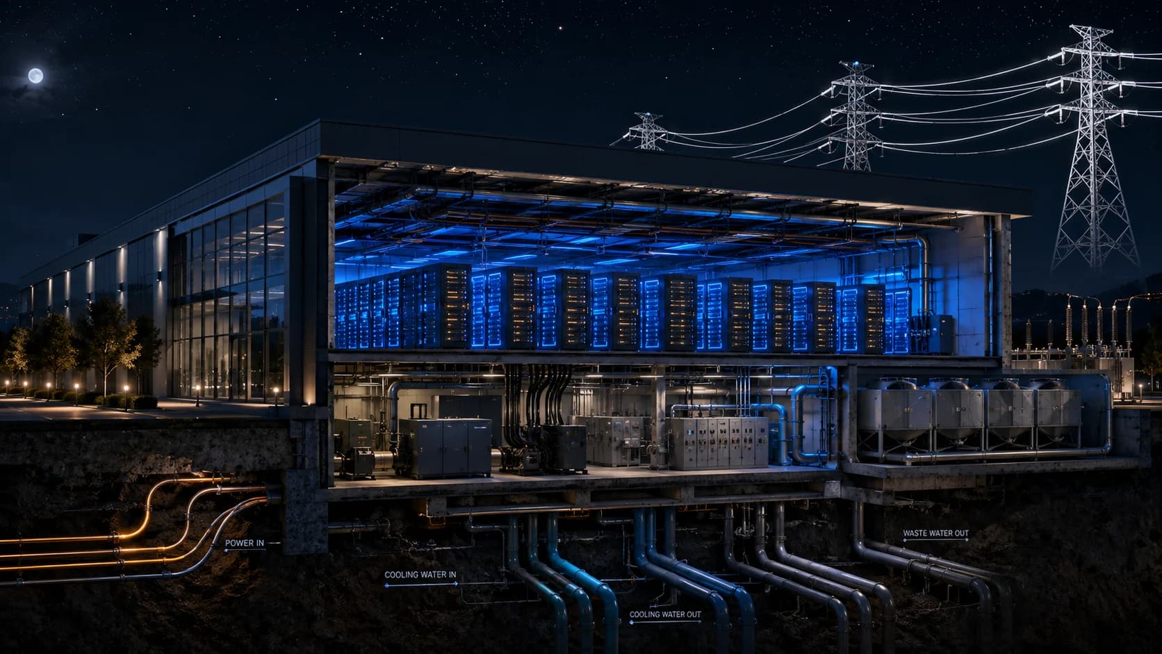 Abstract illustration of semiconductor chips, power grids, and water representing AI's physical constraints