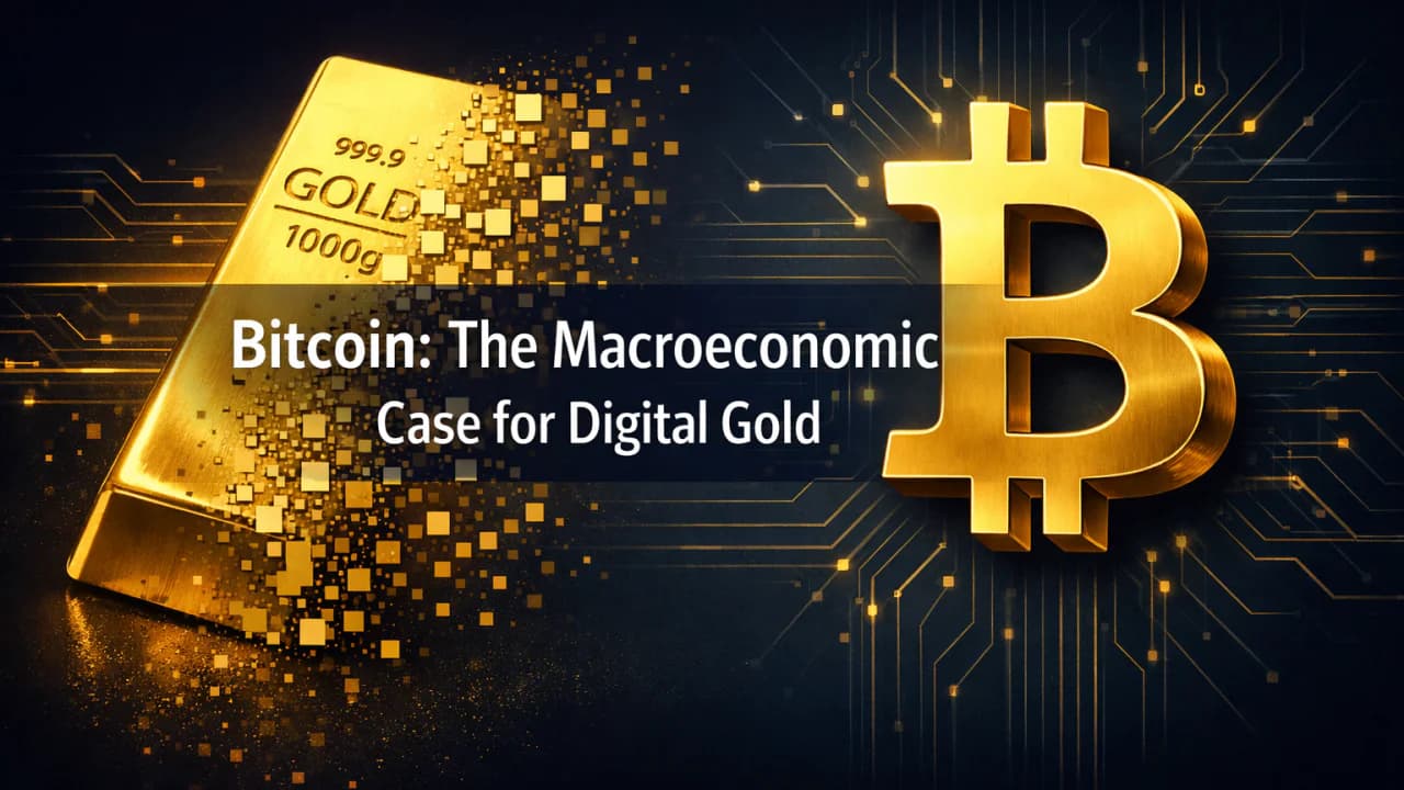 Bitcoin: The Macroeconomic Case for Digital Gold - gold bar transforming into a Bitcoin symbol over a circuit board background
