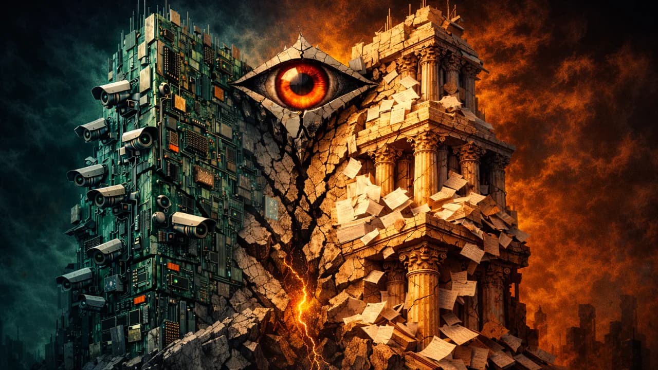 A split image showing a surveillance-covered tower on one side and a crumbling classical building on the other, joined by a large eye