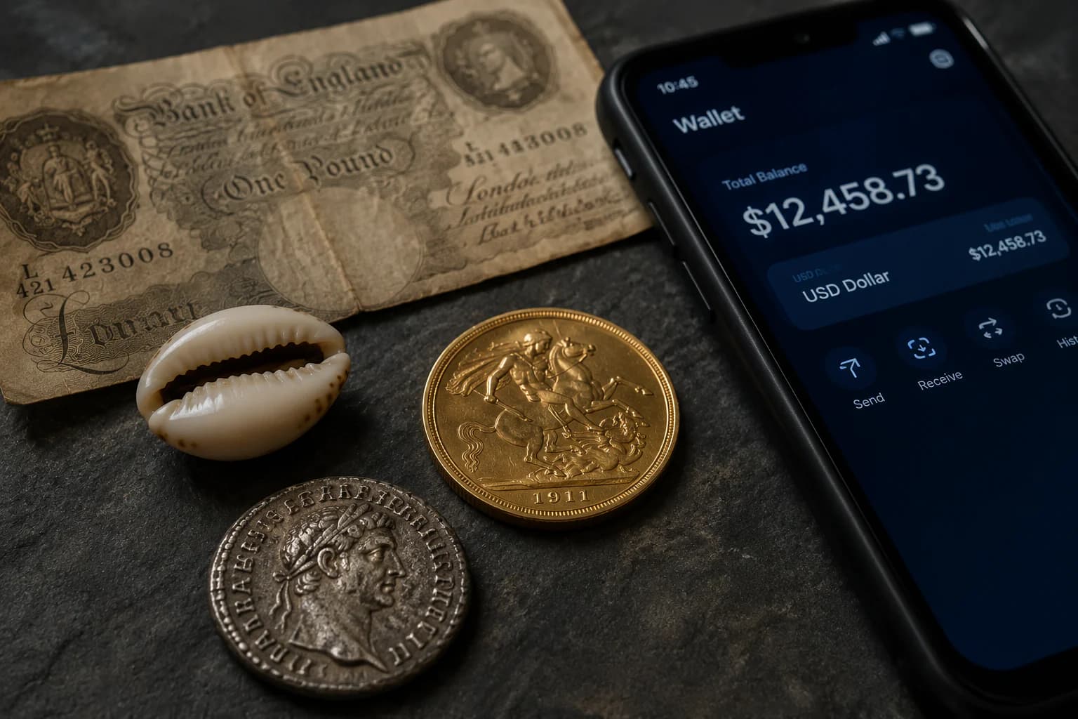 Historical currency including a banknote, cowrie shell, and gold coins next to a modern smartphone wallet app