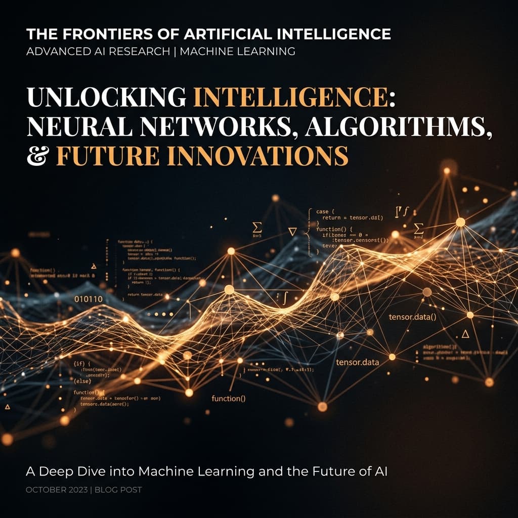 Unlocking Intelligence: Neural Networks, Algorithms, & Future Innovations graphic with glowing network nodes and code snippets