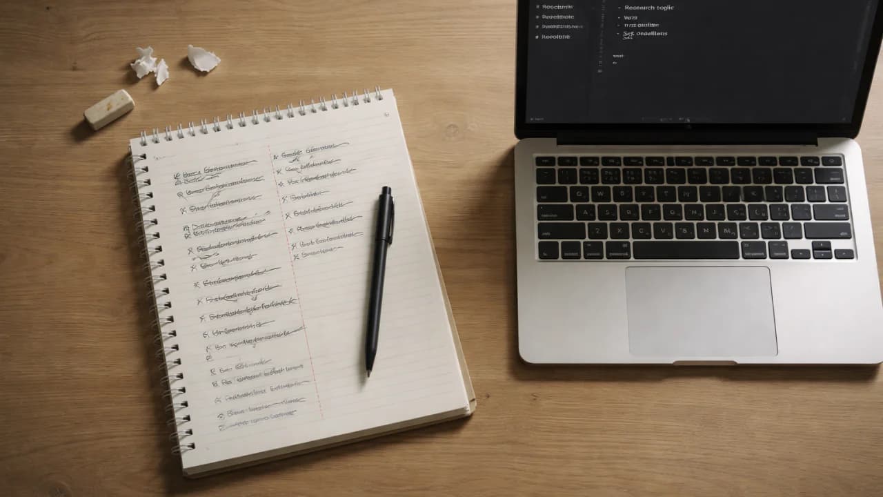 A notebook with handwritten notes next to an open laptop showing a research and implementation checklist