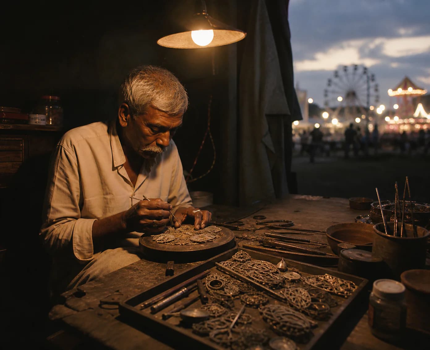 An artisan crafting silver filigree jewelry at a fair stall in the evening, with a ferris wheel lit up in the background