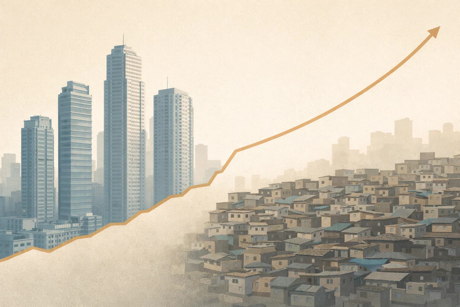 Illustration contrasting modern skyscrapers with dense informal housing, connected by a rising line graph