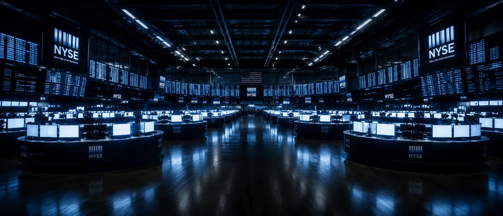 New York Stock Exchange trading floor with illuminated data screens