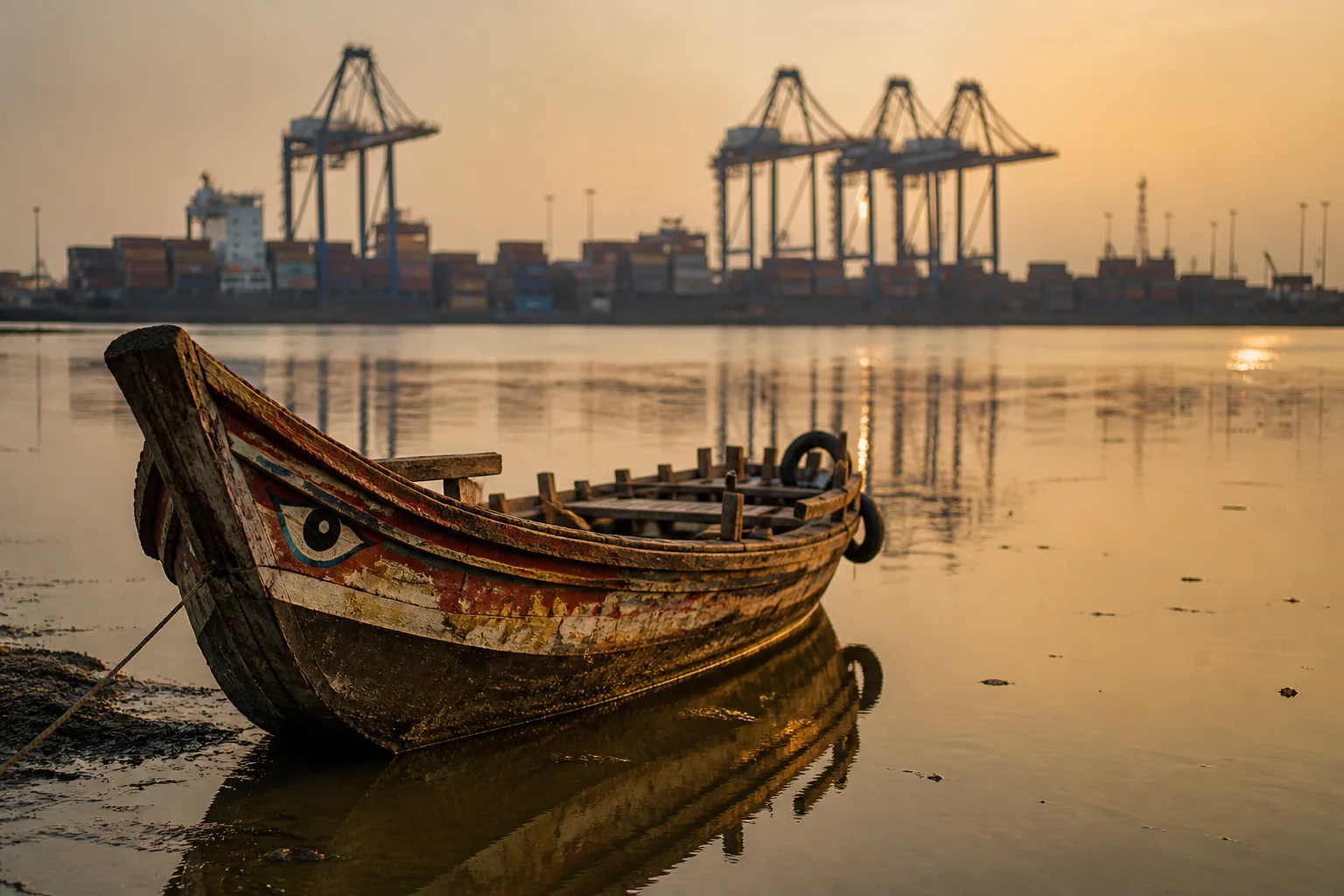 An old wooden fishing boat resting on a mudflat at sunset, with shipping cranes and a container port visible in the background