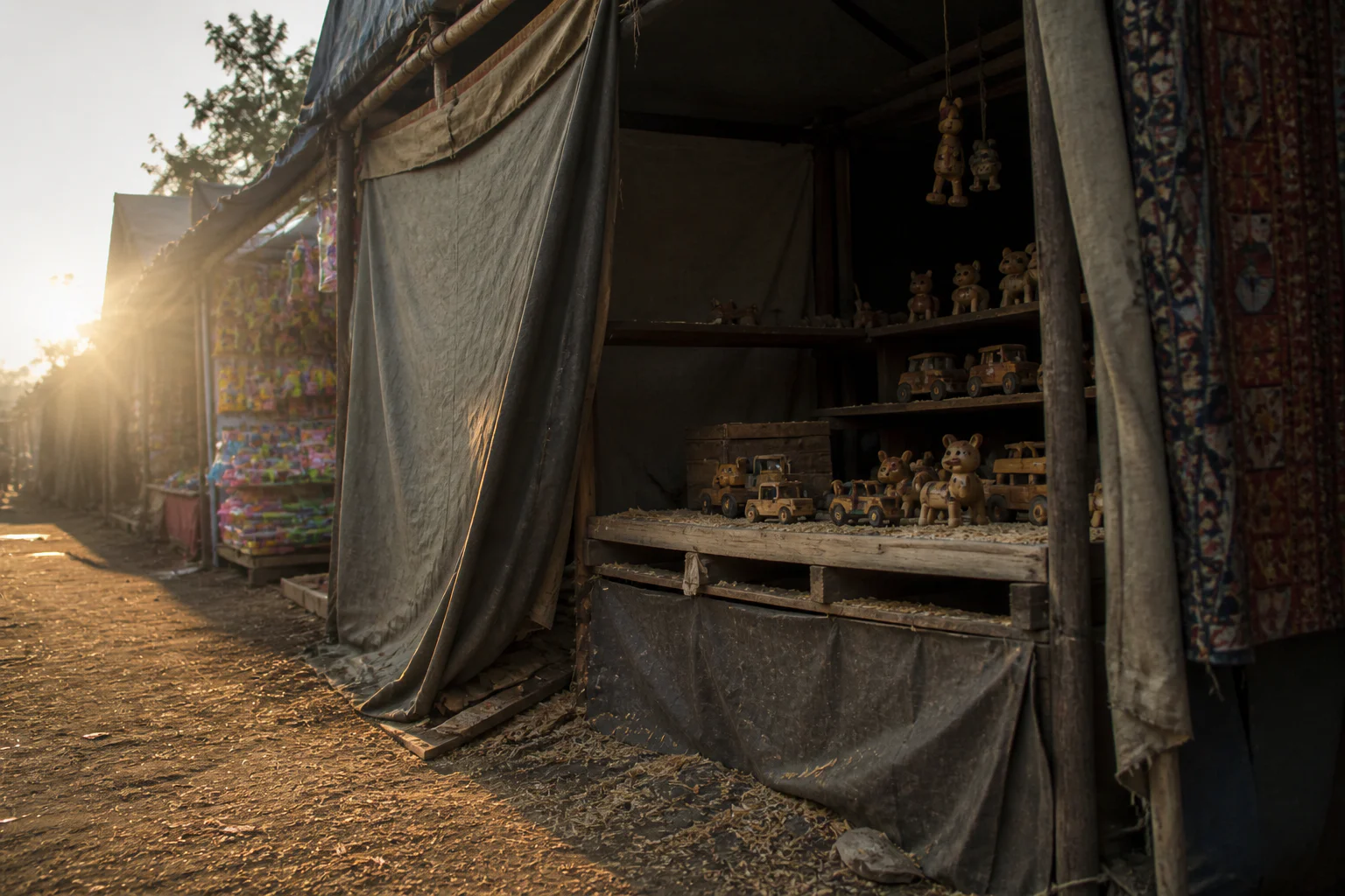 A row of empty fair stalls at golden hour, one stocked with wooden toy figures, tarps hanging loosely