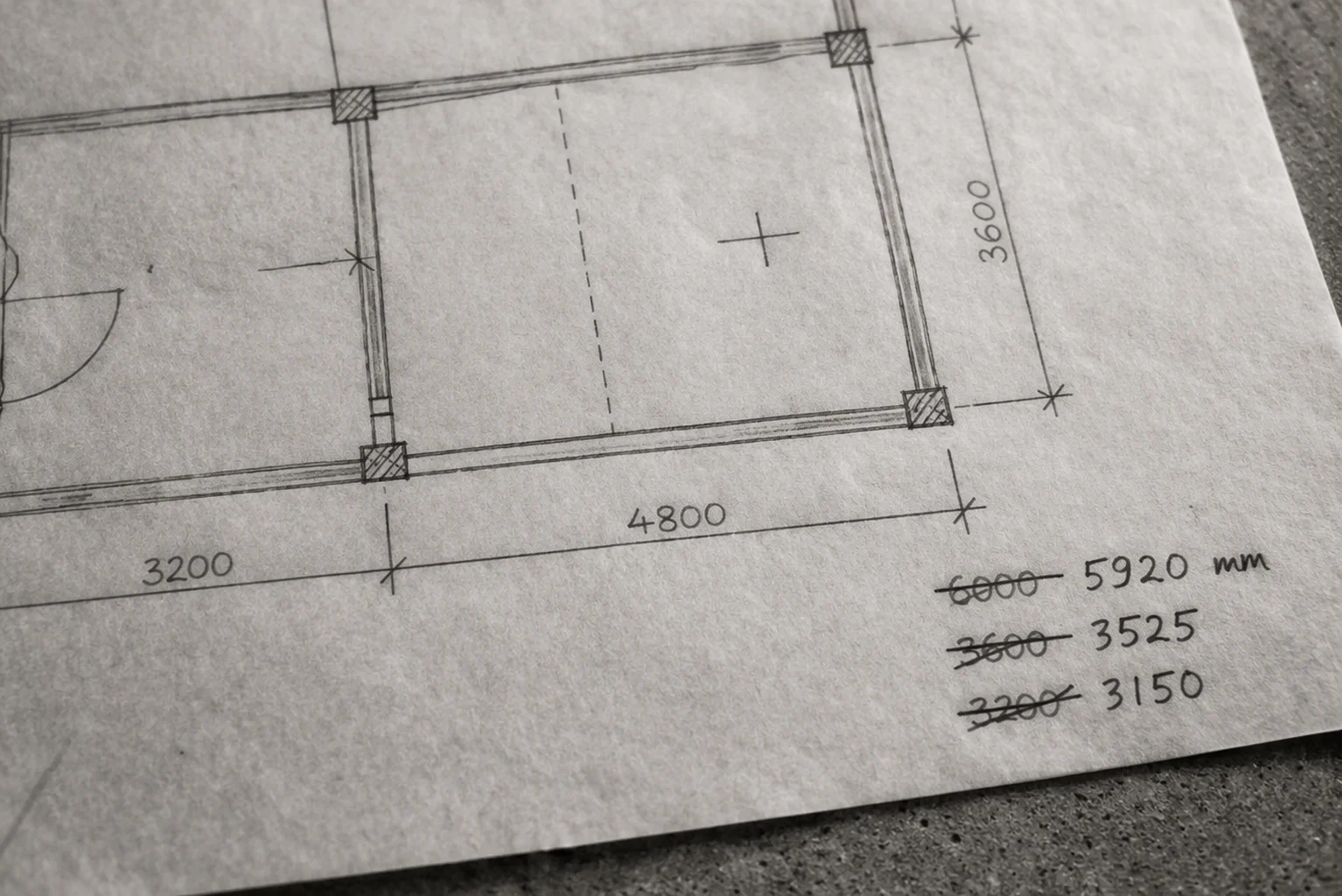 Hand-drawn architectural floor plan sketch with measurements