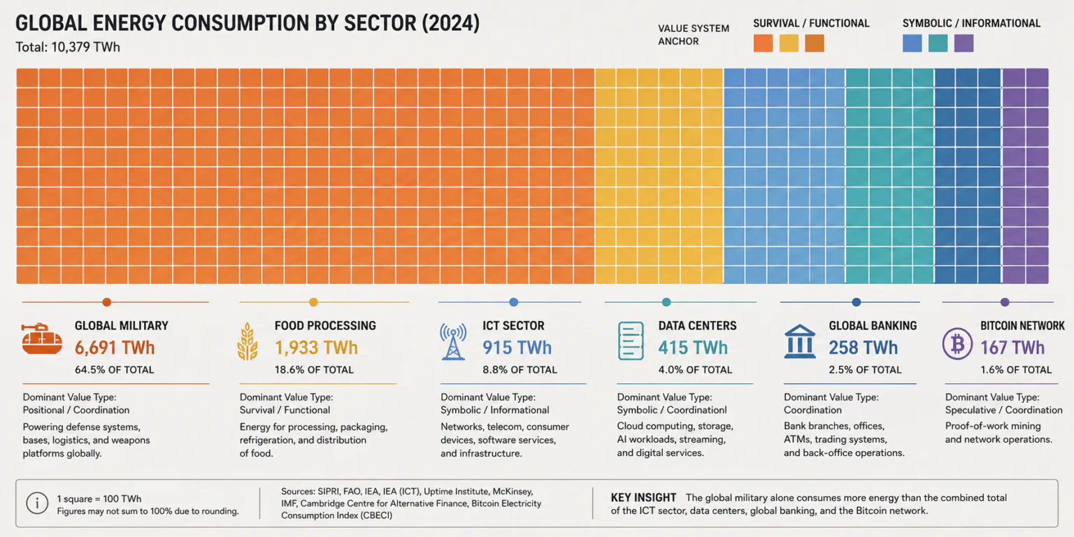 Bar chart of global energy consumption by sector in 2024, comparing military, food processing, ICT, data centers, banking, and Bitcoin